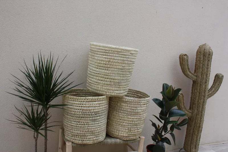 Panier Rond - Coffre de rangement - Tressé en Palmier Blanc - Bac Corbeille à Linge - Paille Rotin Osier