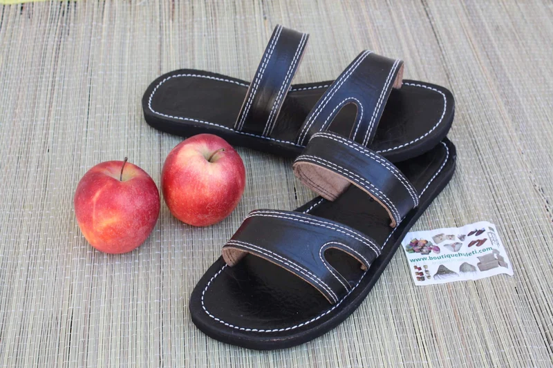 Sandales d'été en Cuir Noir - Homme / Femme - ARTISANAT CONFORT QUALITÉ - Du 36 au 47