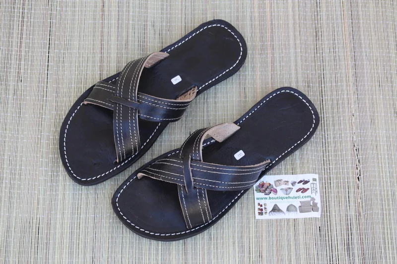 SANDALES CUIR NOIR - Homme & Femme - Tressage Croisé - Fait Main - Confort Respirante - Du 36 au 47