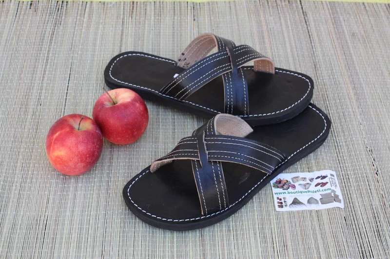 SANDALES CUIR NOIR - Homme & Femme - Tressage Croisé - Fait Main - Confort Respirante - Du 36 au 47