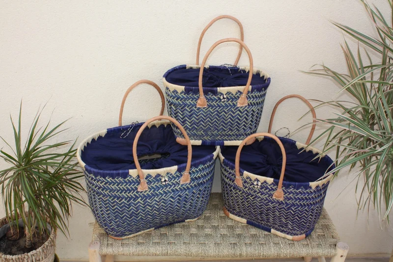 Panier à courses - Tissu pochon Bleu - MADAGASCAR - Sac Cabas Bleu & Naturel - Tressé à la main - 3 tailles au choix - plage osier paille