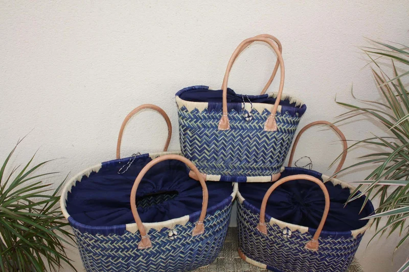 Panier à courses - Tissu pochon Bleu - MADAGASCAR - Sac Cabas Bleu & Naturel - Tressé à la main - 3 tailles au choix - plage osier paille