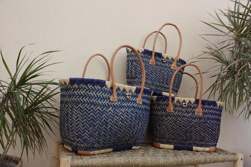 Panier à courses - Tissu pochon Bleu - MADAGASCAR - Sac Cabas Bleu & Naturel - Tressé à la main - 3 tailles au choix - plage osier paille