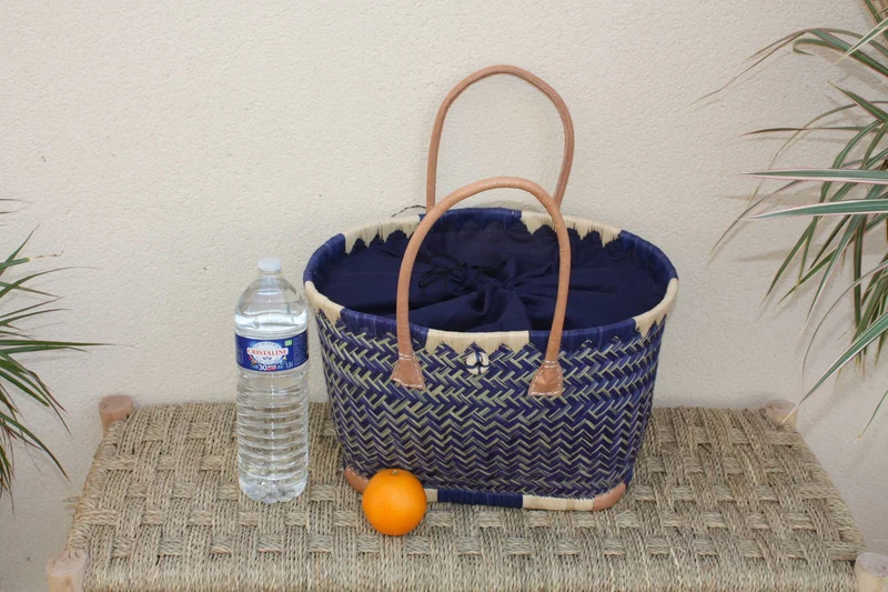 Panier à courses - Tissu pochon Bleu - MADAGASCAR - Sac Cabas Bleu & Naturel - Tressé à la main - 3 tailles au choix - plage osier paille