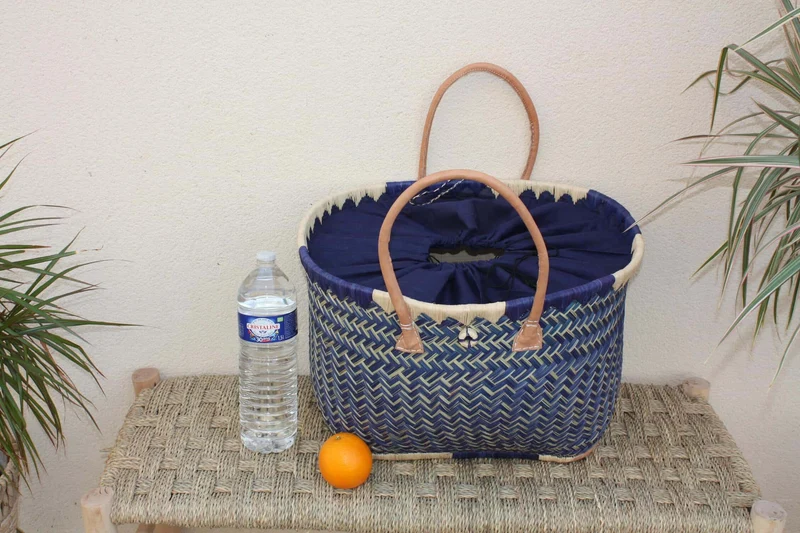 Panier à courses - Tissu pochon Bleu - MADAGASCAR - Sac Cabas Bleu & Naturel - Tressé à la main - 3 tailles au choix - plage osier paille