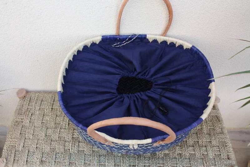 Panier à courses - Tissu pochon Bleu - MADAGASCAR - Sac Cabas Bleu & Naturel - Tressé à la main - 3 tailles au choix - plage osier paille