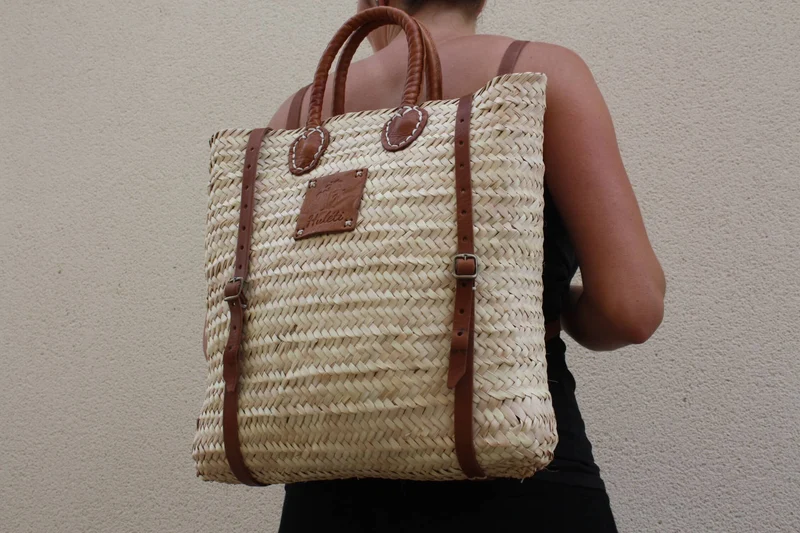 Panier Sac à Dos - Tressé Main - Paille Rotin Raphia Palmier Cuir - CRÉATION UNIQUE HULÉTI