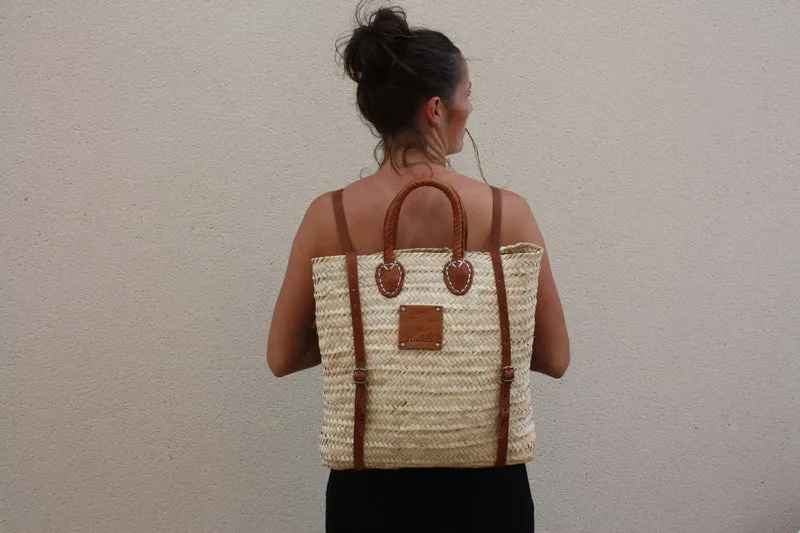 Panier Sac à Dos - Tressé Main - Paille Rotin Raphia Palmier Cuir - CRÉATION UNIQUE HULÉTI
