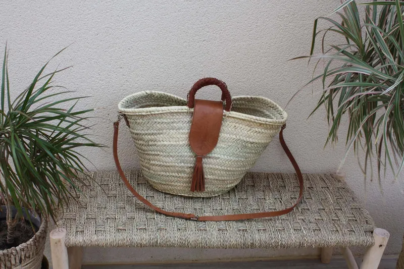 Superbe Sac Anses Cuir + Longues bandoulière - Panier Cabas marchés course plage naturel