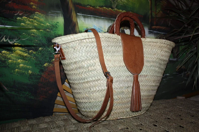 Superbe Sac Anses Cuir + Longues bandoulière - Panier Cabas marchés course plage naturel