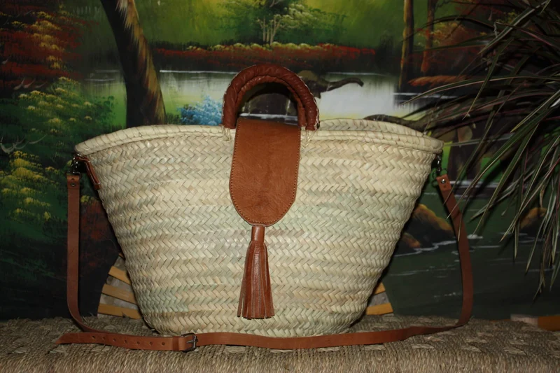 Superbe Sac Anses Cuir + Longues bandoulière - Panier Cabas marchés course plage naturel