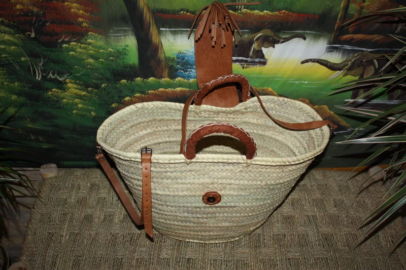 Superbe Sac Anses Cuir + Longues bandoulière - Panier Cabas marchés course plage naturel