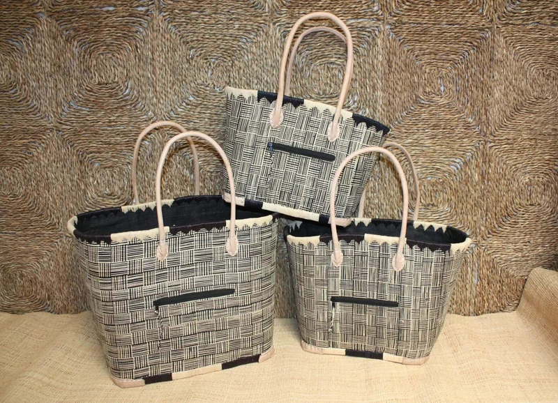 Panier Noir & Naturel - Doublure Rabane + Pochette extérieure - Sac Cabas Anses Longues - 3 TAILLES - Marchés, courses, plage...
