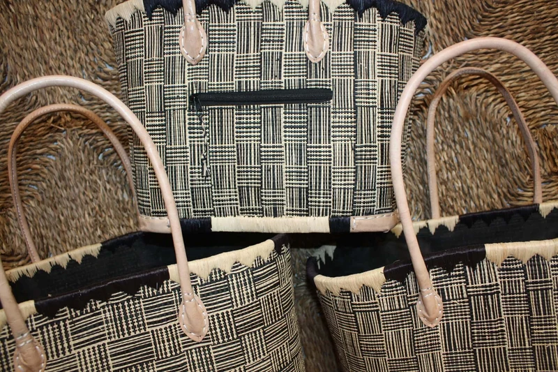 Panier Noir & Naturel - Doublure Rabane + Pochette extérieure - Sac Cabas Anses Longues - 3 TAILLES - Marchés, courses, plage...