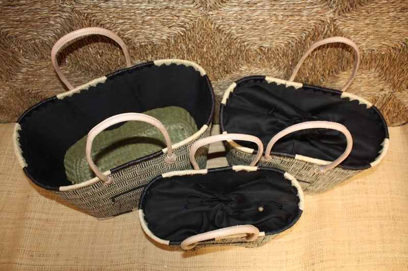 Panier Noir & Naturel - Doublure Rabane + Pochette extérieure - Sac Cabas Anses Longues - 3 TAILLES - Marchés, courses, plage...