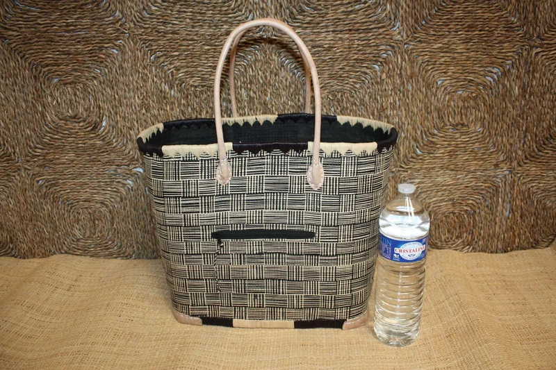 Panier Noir & Naturel - Doublure Rabane + Pochette extérieure - Sac Cabas Anses Longues - 3 TAILLES - Marchés, courses, plage...
