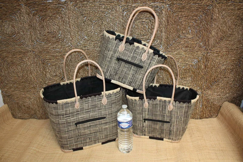 Panier Noir & Naturel - Doublure Rabane + Pochette extérieure - Sac Cabas Anses Longues - 3 TAILLES - Marchés, courses, plage...