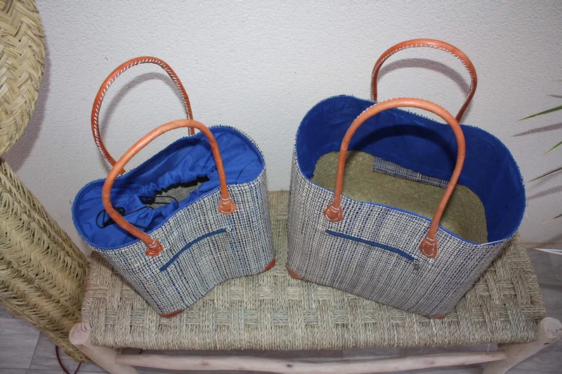 Panier doublé Rabane Bleu Royal - Pochon Tissu Sac Cabas africain - 2 TAILLES - Marchés, courses, plage... LEGER & SOLIDE