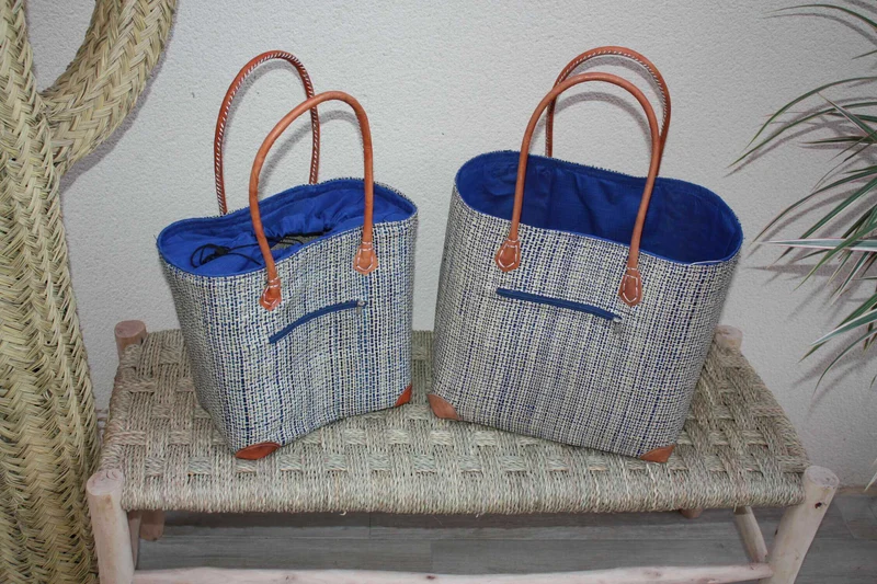 Panier doublé Rabane Bleu Royal - Pochon Tissu Sac Cabas africain - 2 TAILLES - Marchés, courses, plage... LEGER & SOLIDE