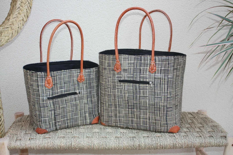 Panier doublé Rabane Noir - Pochon Tissu Sac Cabas africain - 2 TAILLES - Marchés, courses, plage... LEGER & SOLIDE
