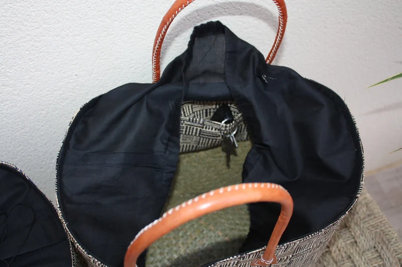 Panier doublé Rabane Noir - Pochon Tissu Sac Cabas africain - 2 TAILLES - Marchés, courses, plage... LEGER & SOLIDE