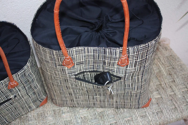 Panier doublé Rabane Noir - Pochon Tissu Sac Cabas africain - 2 TAILLES - Marchés, courses, plage... LEGER & SOLIDE
