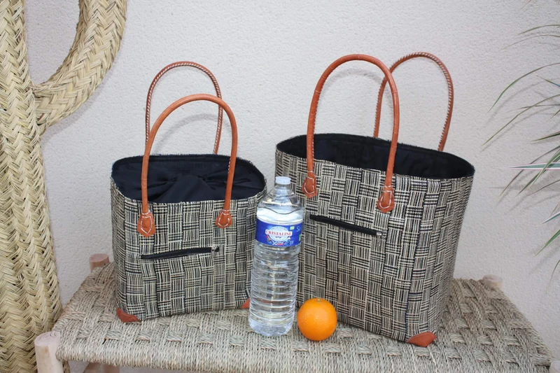 Panier doublé Rabane Noir - Pochon Tissu Sac Cabas africain - 2 TAILLES - Marchés, courses, plage... LEGER & SOLIDE