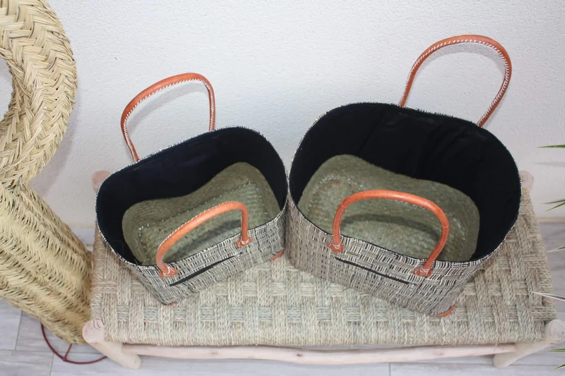 Panier doublé Rabane Noir - Pochon Tissu Sac Cabas africain - 2 TAILLES - Marchés, courses, plage... LEGER & SOLIDE