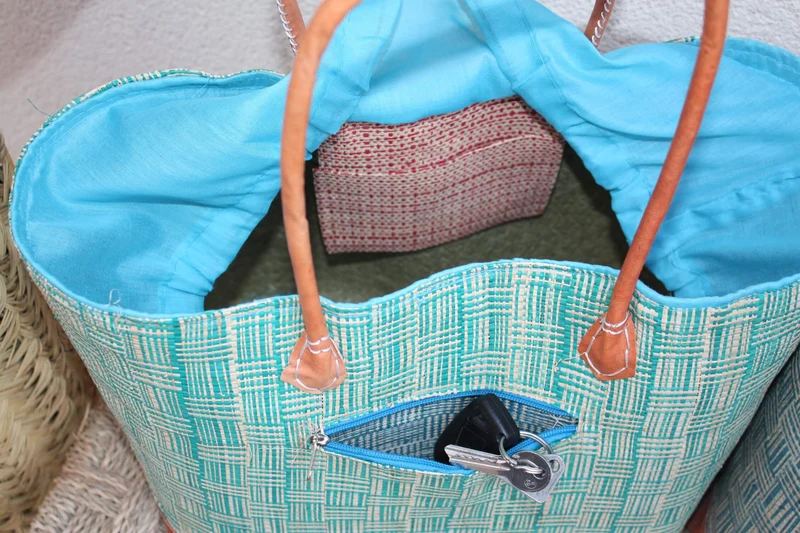 Panier Turquoise et Naturel - Tissu poche Sac Cabas africain - 2 TAILLES - Marchés, courses, plage... LEGER & SOLIDE