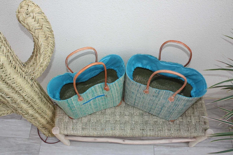 Panier Turquoise et Naturel - Tissu poche Sac Cabas africain - 2 TAILLES - Marchés, courses, plage... LEGER & SOLIDE
