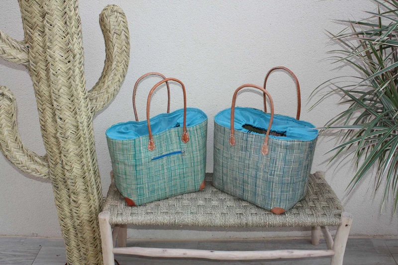 Panier Turquoise et Naturel - Tissu poche Sac Cabas africain - 2 TAILLES - Marchés, courses, plage... LEGER & SOLIDE