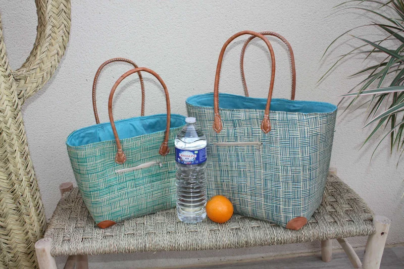 Panier Turquoise et Naturel - Tissu poche Sac Cabas africain - 2 TAILLES - Marchés, courses, plage... LEGER & SOLIDE