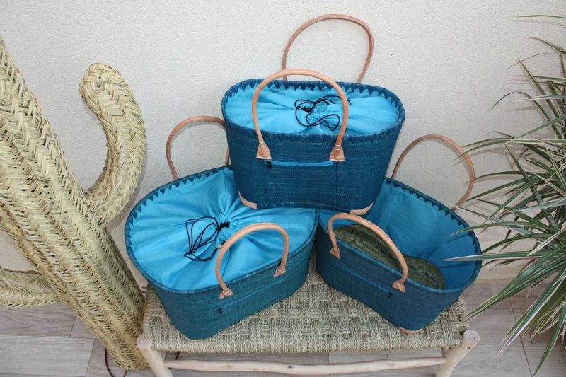 Panier Bleu Turquoise - Doublure Rabane + Pochette zippée - Sac Cabas Anses Longues - 3 TAILLES - Marchés, courses, plage...