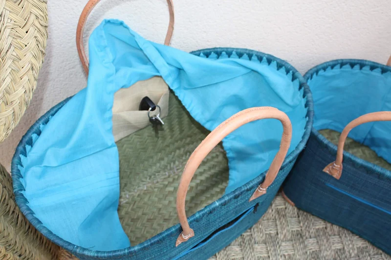 Panier Bleu Turquoise - Doublure Rabane + Pochette zippée - Sac Cabas Anses Longues - 3 TAILLES - Marchés, courses, plage...