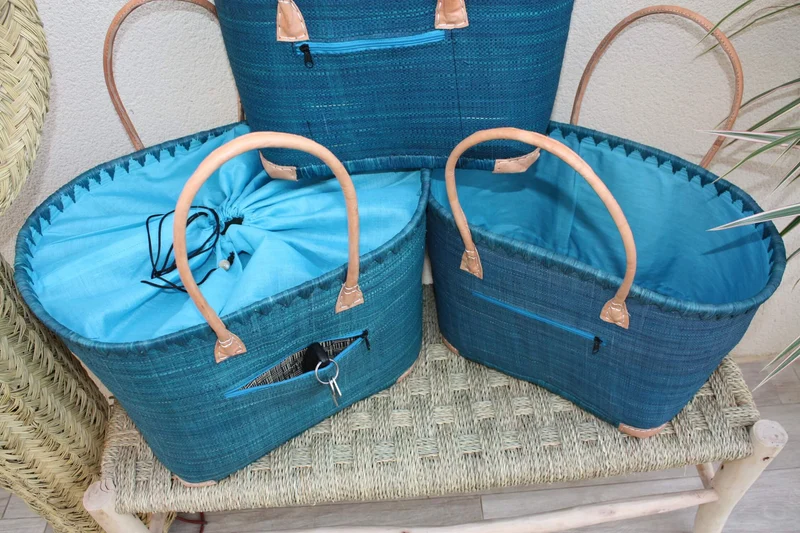 Panier Bleu Turquoise - Doublure Rabane + Pochette zippée - Sac Cabas Anses Longues - 3 TAILLES - Marchés, courses, plage...