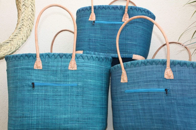 Panier Bleu Turquoise - Doublure Rabane + Pochette zippée - Sac Cabas Anses Longues - 3 TAILLES - Marchés, courses, plage...