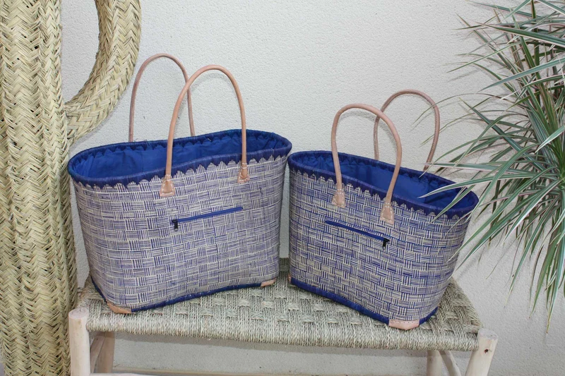 Panier Bleu & Naturel - Doublure Rabane + Pochette extérieure - Sac Cabas Anses Longues - 3 TAILLES - Marchés, courses, plage..