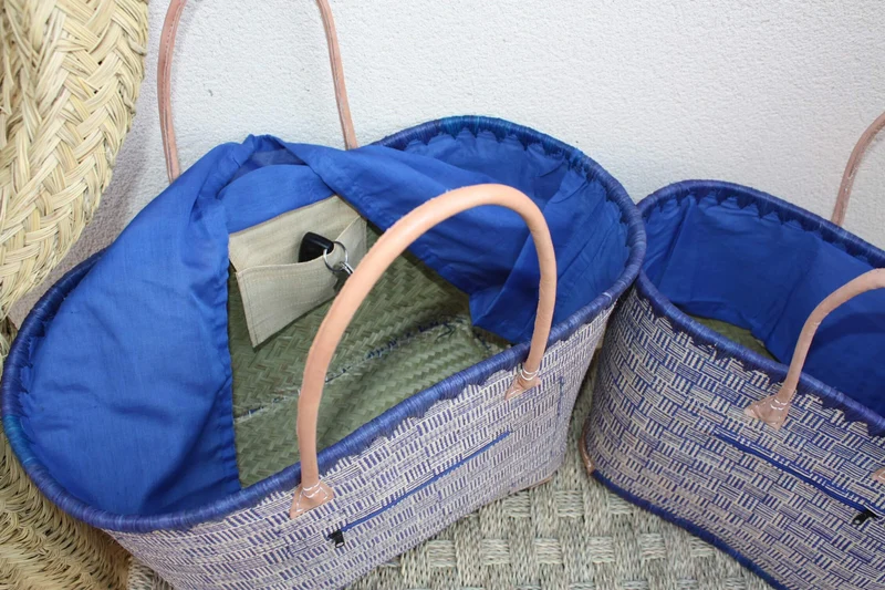 Panier Bleu & Naturel - Doublure Rabane + Pochette extérieure - Sac Cabas Anses Longues - 3 TAILLES - Marchés, courses, plage..