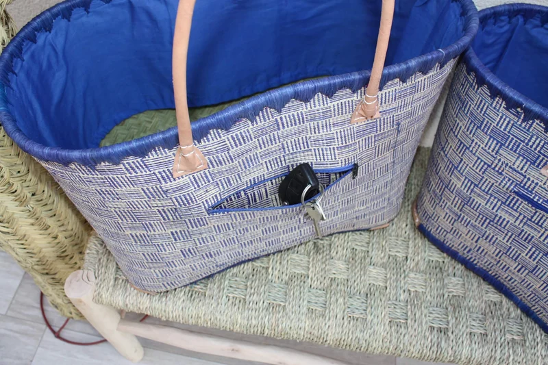 Panier Bleu & Naturel - Doublure Rabane + Pochette extérieure - Sac Cabas Anses Longues - 3 TAILLES - Marchés, courses, plage..