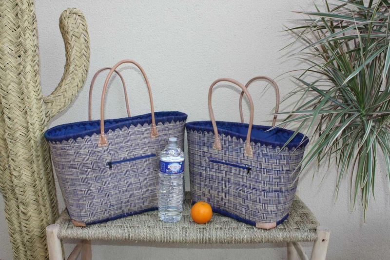 Panier Bleu & Naturel - Doublure Rabane + Pochette extérieure - Sac Cabas Anses Longues - 3 TAILLES - Marchés, courses, plage..