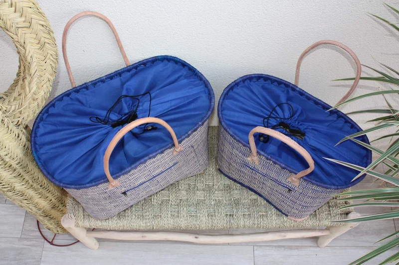 Panier Bleu & Naturel - Doublure Rabane + Pochette extérieure - Sac Cabas Anses Longues - 3 TAILLES - Marchés, courses, plage..