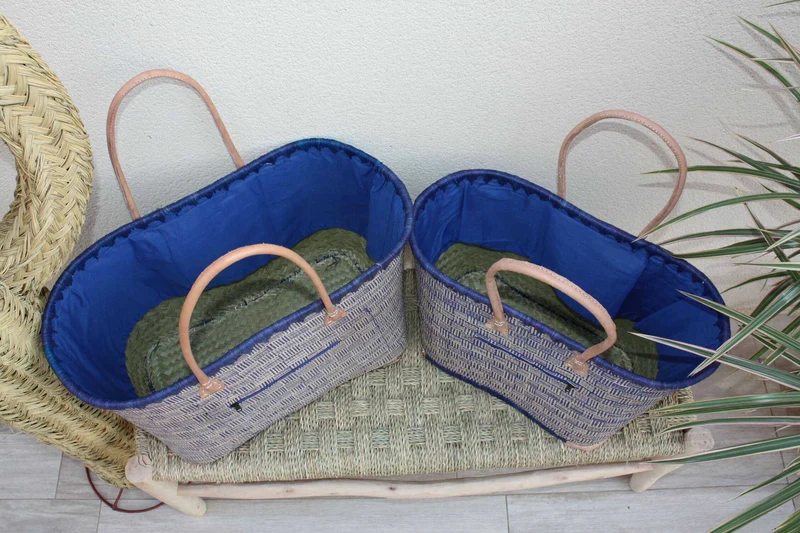 Panier Bleu & Naturel - Doublure Rabane + Pochette extérieure - Sac Cabas Anses Longues - 3 TAILLES - Marchés, courses, plage..