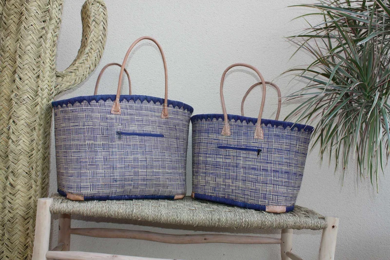 Panier Bleu & Naturel - Doublure Rabane + Pochette extérieure - Sac Cabas Anses Longues - 3 TAILLES - Marchés, courses, plage..