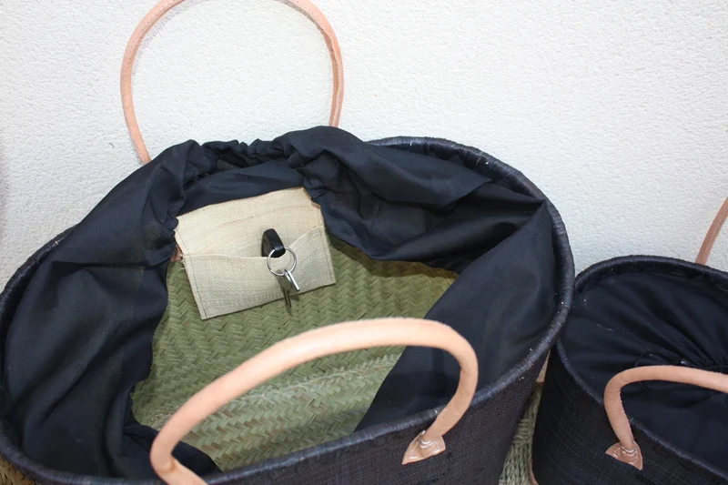 Panier brodé Rabane Noir - Cabas Sac Anses Longues - Poche Zippée - 3 TAILLES - marchés, courses, plage...