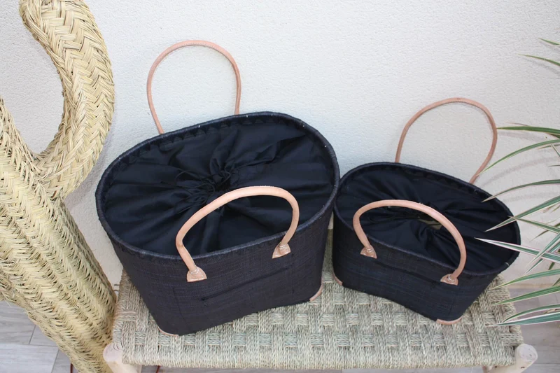 Panier brodé Rabane Noir - Cabas Sac Anses Longues - Poche Zippée - 3 TAILLES - marchés, courses, plage...