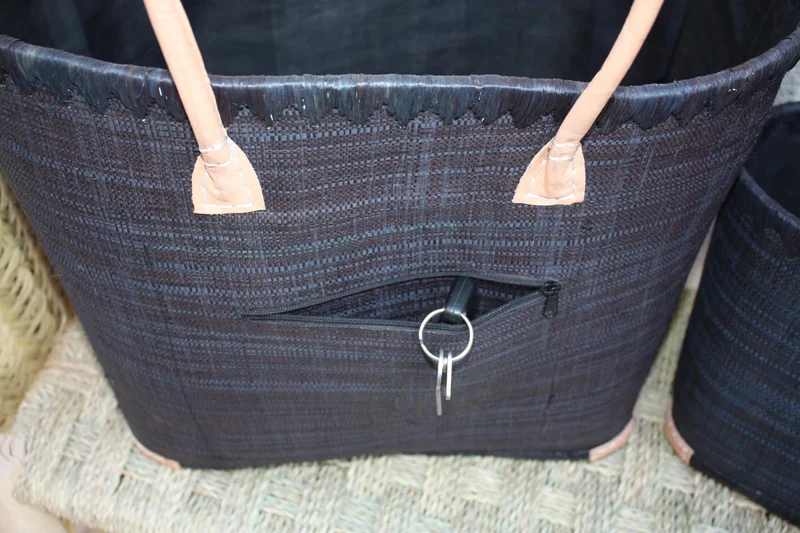 Panier brodé Rabane Noir - Cabas Sac Anses Longues - Poche Zippée - 3 TAILLES - marchés, courses, plage...