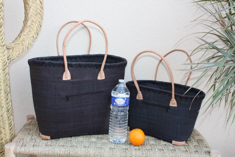 Panier brodé Rabane Noir - Cabas Sac Anses Longues - Poche Zippée - 3 TAILLES - marchés, courses, plage...