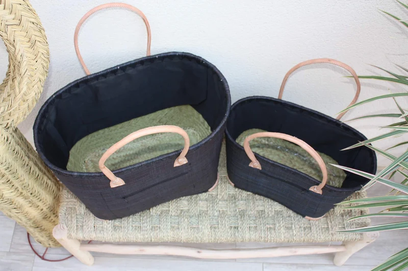 Panier brodé Rabane Noir - Cabas Sac Anses Longues - Poche Zippée - 3 TAILLES - marchés, courses, plage...