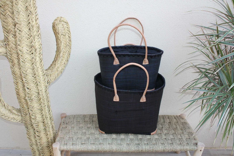 Panier brodé Rabane Noir - Cabas Sac Anses Longues - Poche Zippée - 3 TAILLES - marchés, courses, plage...