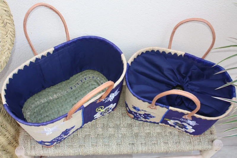 Panier Bleu brodé Rabane - Cabas Sac courses Anses Longues - 3 TAILLES - Marchés, courses, plage...